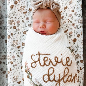 Personalized Hand Embroidered Baby Swaddle Blanket with Name and Floral Spray - Cotton Muslin