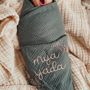 Personalized Hand Embroidered Baby Swaddle Blanket with Name and Floral Spray Cotton Muslin image 9