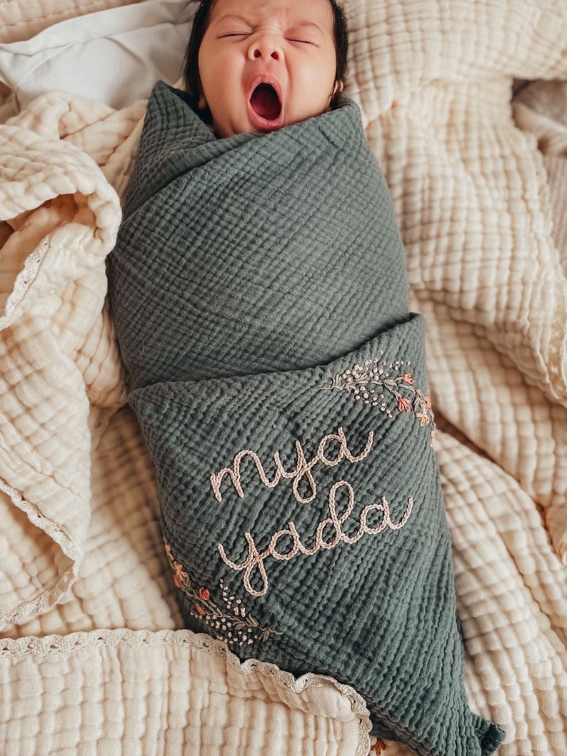 Personalized Hand Embroidered Baby Swaddle Blanket with Name and Floral Spray Cotton Muslin image 9