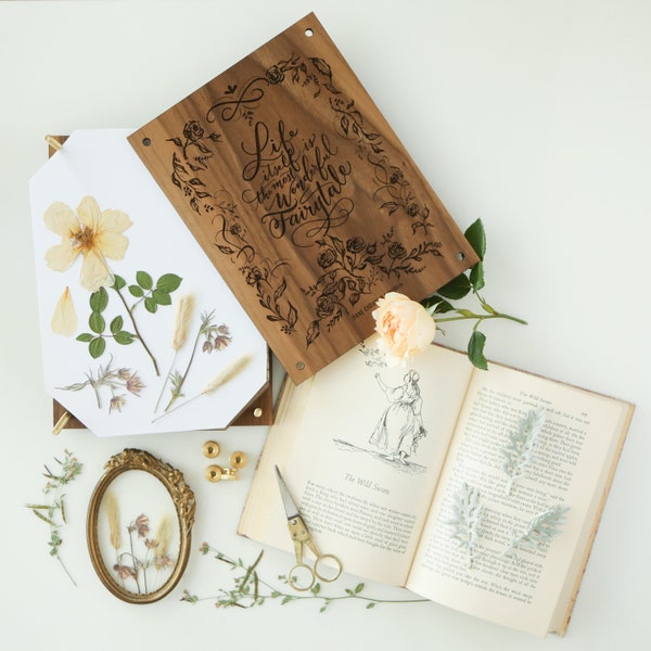 Lily and Val Collaboration- Flower Press with Fairytale Design-Botanical flower herb press kit with modern floral design and brass hardware