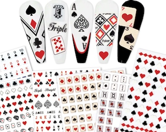 6 Sheets Playing Cards Joker Nail Art Stickers | Poker Card, Heart, Spade, Diamond, Club Nail Decals | Self-Adhesive Long-Lasting Decals