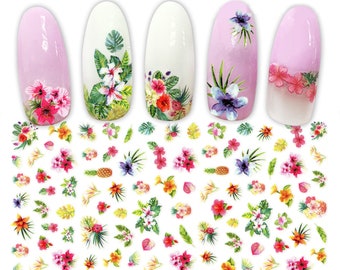 Tropical Flowers & Fruits Nail Art Stickers | Hawaiian Vibe Hibiscus Pineapple Plumeria Palm Leaf Nail Decals | Self Adehesive Nail Stickers