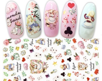 Alice Fantasy Wonderland Tea Party Nail Art Stickers | Alice's Adventure Hand Drawn Watercolor Print Girl Nail Decals | Fairy Tale Nails