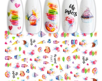 Sweet Dessert Cupcake Ice Cream Macaron Nail Art Stickers | Colorful Candy Donut Sweets Nail Art DIY | Self Adhesive Nail Decals