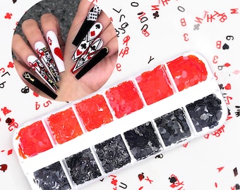 12 Boxes Poker Card Nails Art Sequins Nail Glitter, Nail Decals | Playing Cards Poker Nails | Queen of Hearts Aces Alice in Wonderland Nails