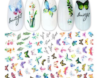 Forest Butterfly Nail Art Stickers | Beautiful Butterfly & Flowers Self Adhesive Nail Decals Large Sheets | Butterfly Nail Wraps Waterslide