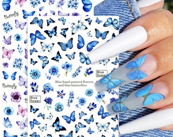 2 Sheets Large Midnight Blue Butterfly Nail Art Stickers  | Self Adhesive Nail Decals for Nail DIY Acrylic Nails Press On Nails