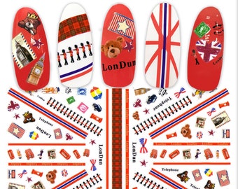 Travel in England Nail Art Stickers | London Elements Self Adhesive Nail Decals | UK Flag Big Ben Telephone Booth Nail Art