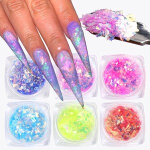 6-Box Neon Candy Chunky Nail Glitter Powders Flakes | Aurora Holographic Irregular Nail Sequins | Summer Nail Designs 3D Nail Decoration