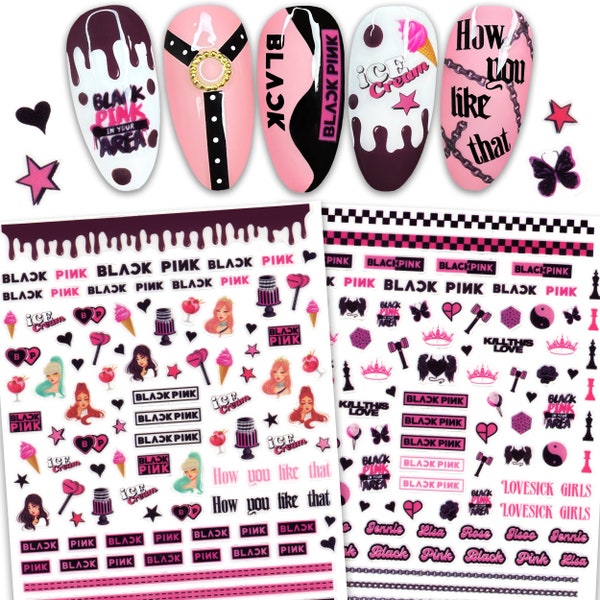 2 Sheets Black Pink Theme Nail Art Stickers | Self Adhesive Nail Decals | Black Pink Fan Gift | Black Pink Nails | Kill This Love Lovesick