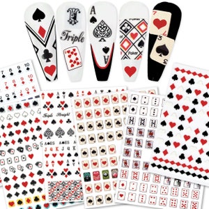 6 feuilles de Stickers nail art Joker pour cartes à jouer | Stickers poker, coeur, pique, diamant, club | Décalcomanies auto-adhésives durables