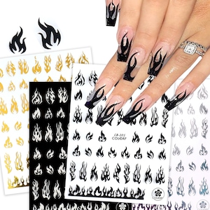 4 Sheets Fire Flames Nail Art Stickers - Black, White, Gold & Silver 3D Holographic Flame Nail Decals Accessories