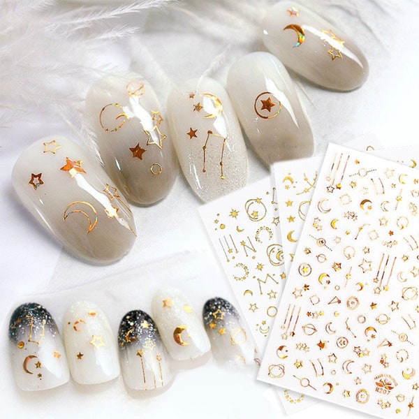 4 Sheets Gold Stars Moon Nail Art Stickers | 3D Laser Gold Constellation Celestial Zodiac Nails | Self Adhesive Nail Decals