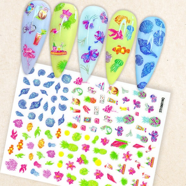 Tropical Lilly Puliz. Inspired Nail Decals | Summer Beach Seashell Pineapple Flamingo Flower Nail Stickers | Tropical Clownfish Coral Nails