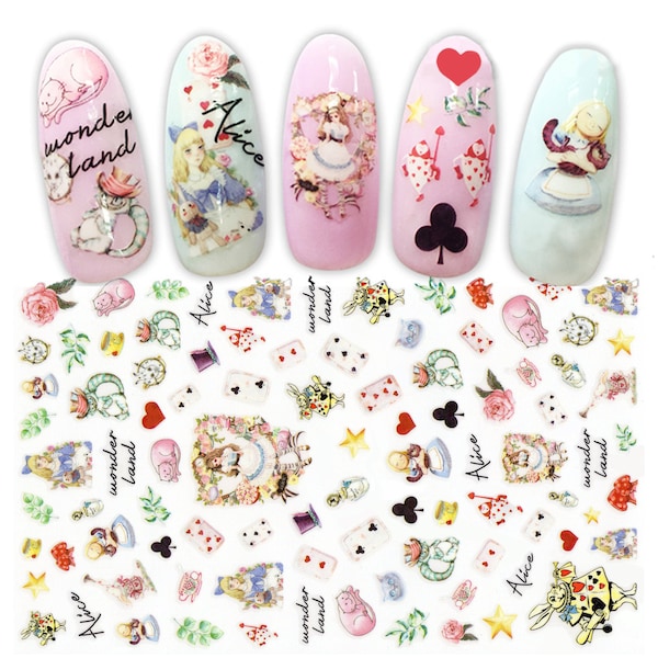 Alice Fantasy Wonderland Tea Party Nail Art Stickers | Alice's Adventure Hand Drawn Watercolor Print Girl Nail Decals | Fairy Tale Nails