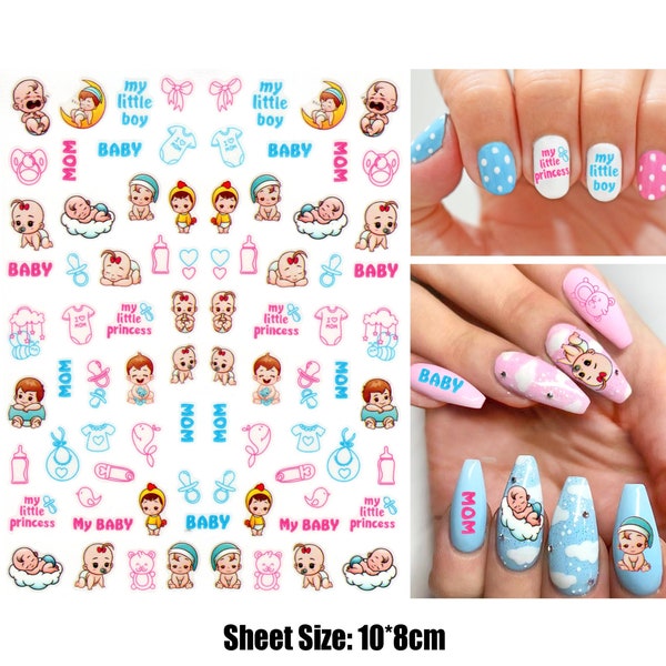 Gender Reveal Party Nail Art Stickers | Self Adhesive Nail Decals | Baby Shower Nails | My Little Boy/Princess Pink & Blue Nails