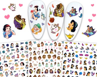3 Sheets Romantic Princess Story Nail Art Stickers | Self Adhesive Nail Decals | Snow White Belle Jasmine Princess Nails