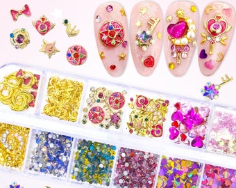 Sailor Moon Nail Art Rhinestone | Nail Crystals | Nail Charms | Heart Nail Glitter Sequins | 3D Nail Design | Tweezers & Nail Glue Included
