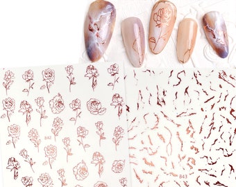 Rose Gold 3D Flowers Roses Nail Stickers | Rose Gold Glitter Pink Marble Texture Nail Decals | Self Adhesive Pink Gold Nail Wraps Foils