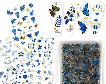 30 Sheets 3D Gold Butterfly Blue Sapphire Nail Stickers | Rose Flowers Bowtie Baroque 15 Patterns Self Adhesive Nail Decals