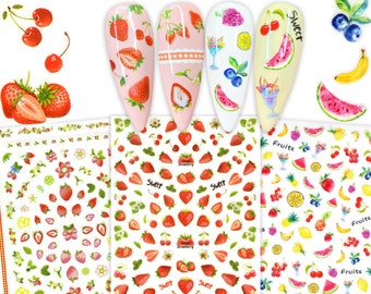 3 Sheets Strawberry Field Watercolor Fruit Nail Art Stickers | Cherry Banana Watermelon Blueberry Lemon Sundae Dessert Nail Decals Nail DIY