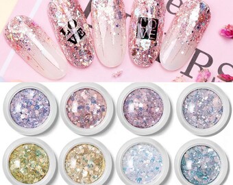 Fairy Glow Mixed Nail Glitter Powders 8 Colors A Set | Super Glue Nail Gel Included | Chunky Shimmer Mermaid Flakes | Holographic Powders