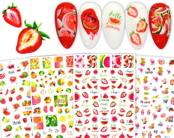 Strawberry Watermelon Fruit Nail Stickers | Lemon Citrus Kiwi Dragon Fruit Nail Decals | Water Color Cherry Ice Cream Dessert Nail Wraps