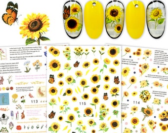 3 Sheets Sunflowers Daisy Spring Summer Nail Art Stickers | Self Adhesive Nail Decals | Floral Diary Sunflower Garden & Butterfly Nail Art