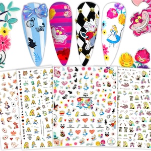 6 folhas de adesivos de nail art Alice Wonderland | O Gato Cheshire Coelho Branco Rainha Vermelha As Cartas de Jogar Alice Série de Contos de Fadas Decalques para Unhas