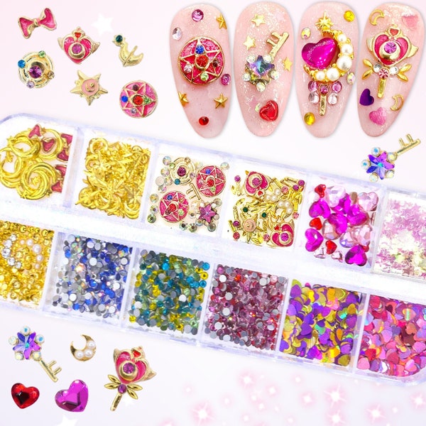 Nail art strass Sailor Moon | Cristaux pour les ongles | Pendentifs pour ongles | Paillettes scintillantes en forme de coeur | Conception d&#39;ongles 3D | Pince à épiler et colle à ongles incluses