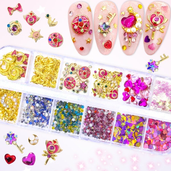 Sailor Moon Nail Art Rhinestone | Nail Crystals | Nail Charms | Heart Nail Glitter Sequins | 3D Nail Design | Tweezers & Nail Glue Included