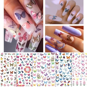 5 Sheets Butterfly Nail Art Stickers | Pink Blue Purple Butterfly with Beautiful Spring Flowers | Spring Summer Butterfly Nail Art Decals