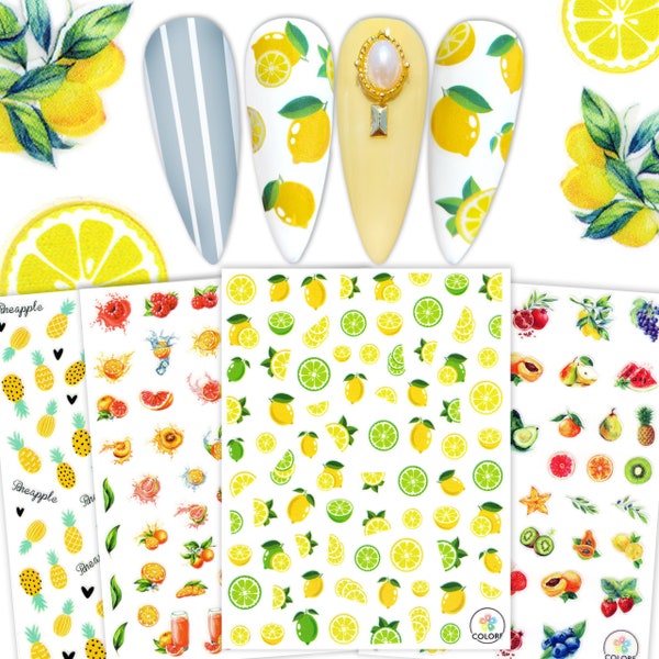 4 Sheets Juicy Fruit Lemon Slices Nail Art Stickers | Fresh Fruit Splash Nail Decals | Hand Painted Fruit Strawberry Pear Avocado Nail Art