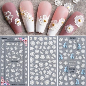 3 Sheets 5D Embossed Flowers Nail Art Stickers | 5D Cherry Blossoms Floral Petals | Self Adhesive Nail Decals (Search "5D" for More Items)