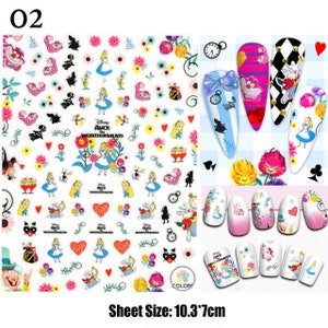 Autocollants pour ongles Alice au pays des merveilles | Cheshire Cat Queen of Hearts White Rabbit Mad Hatter Tweedle Dee Fairy Tale Nail Art Decal Auto-adhésif