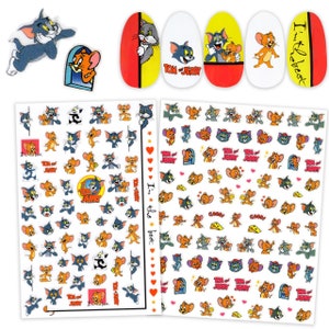 2 Sheets Cat and Mouse Nail Art Stickers | Cunning Cat Chasing Witty Mouse Who Loves Cheese Nail Decals