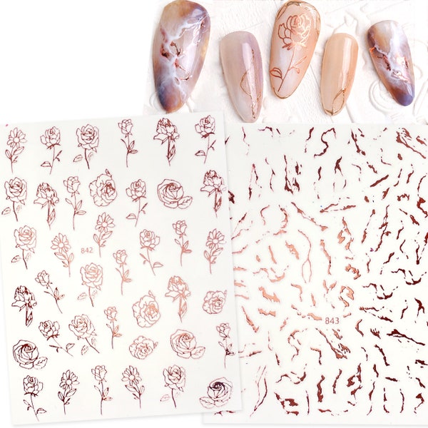 Rose Gold 3D Flowers Roses Nail Stickers | Rose Gold Glitter Pink Marble Texture Nail Decals | Self Adhesive Pink Gold Nail Wraps Foils