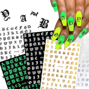 Antiguo inglés 3D letras del alfabeto pegatinas de uñas fuente gótica calcomanías de uñas autoadhesivas - negro, blanco, oro, plata, brillan en la oscuridad 5 colores