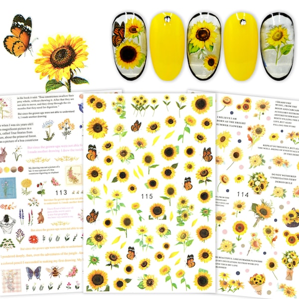 3 Sheets Sunflowers Daisy Spring Summer Nail Art Stickers | Self Adhesive Nail Decals | Floral Diary Sunflower Garden & Butterfly Nail Art