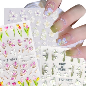 3 Sheets 5D Embossed Petals Tulips 5D White Flowers Nail Art Stickers | Self Adhesive 5D Nail Decals (Search "5D" for More Items)