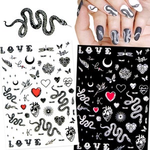 Black/White Snake Tattoo Love Nail Stickers | Nail Decals Self-Adhesive Nail Foil | Hand-Drawn Style Nail Art Stickers