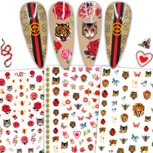 3 feuilles d’autocollants Fashionista Nail Art | Roses rouges fleurs exotiques mode chat tigre Lion autocollants pour ongles auto-adhésifs
