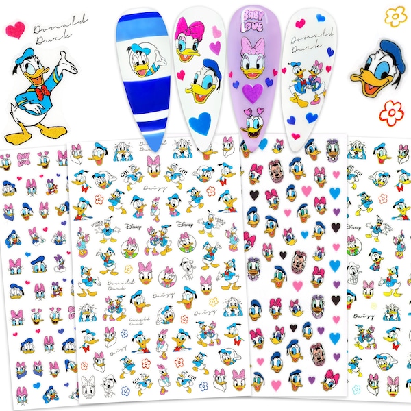 4 Sheets Donald & Daisy Duck Nail Stickers | Self Adhesive Nail Decals Nail Wraps