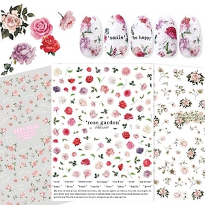 Roses Garden Nail Stickers Decals | Pink Roses Valentine's Day Nail Art Stickers | Hand-Painted Style Flower Roses Nails | Self-Adhesive