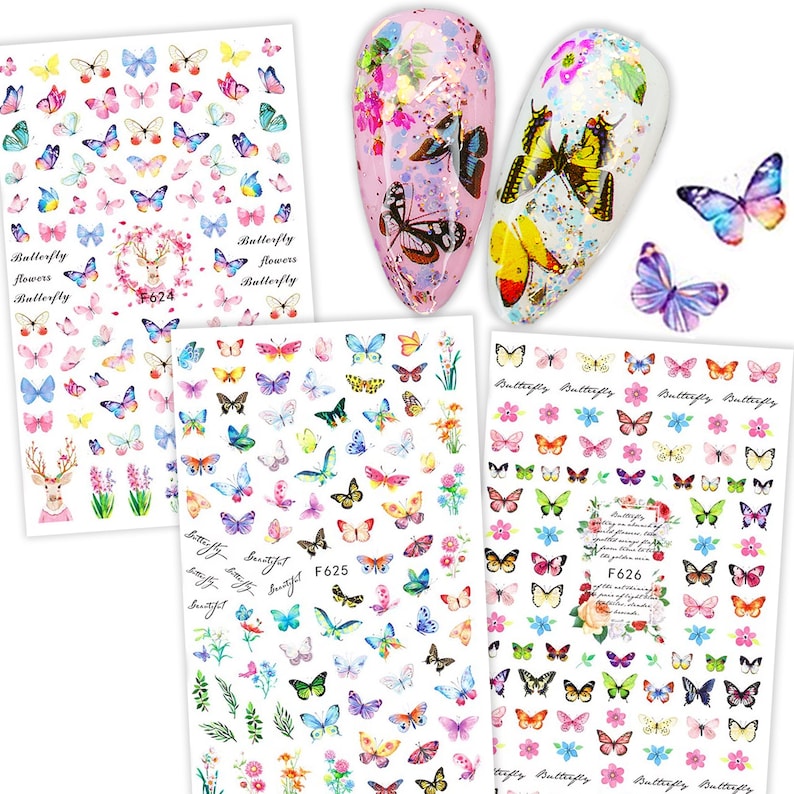 3 Large Sheets Fairy Butterfly Nail Art Stickers Best Butterfly & Flowers Nails DIY Cute Trendy Spring Summer Nail Art Deco Acrylic Nail image 1