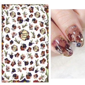 Vintage Dark Blossoms Nail Art Stickers | Exotic Colorful Flowers Nail Decals #03