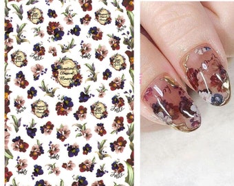 Vintage Dark Blossoms Nail Art Stickers | Exotic Colorful Flowers Nail Decals #03