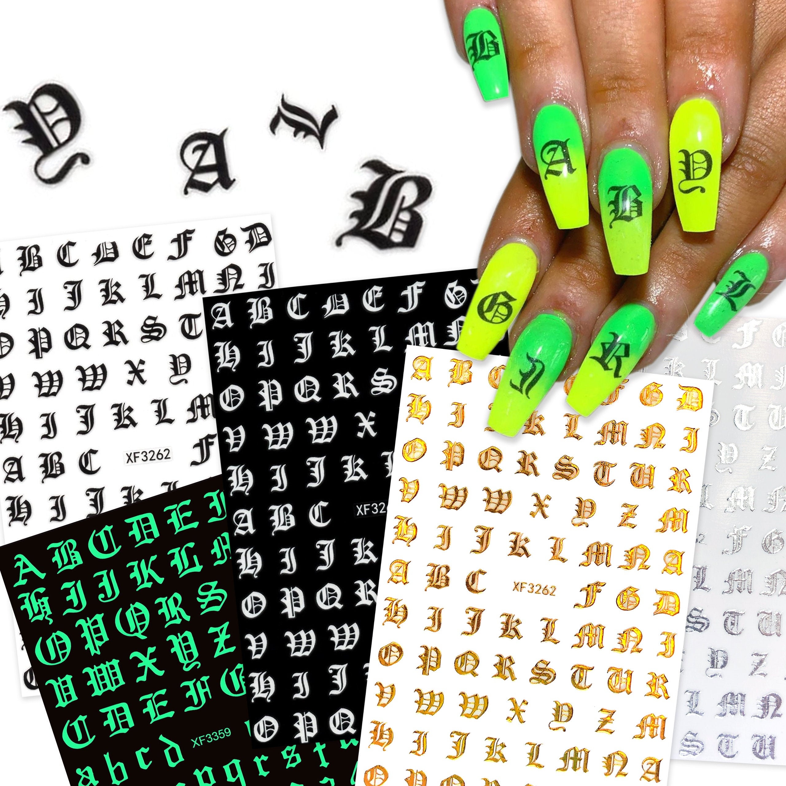 English Letters Holographic Alphabet 3D Nail Stickers Cursive