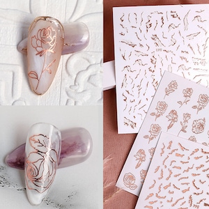 Rose Gold 3D Flowers Roses Nail Stickers | Rose Gold Glitter Pink