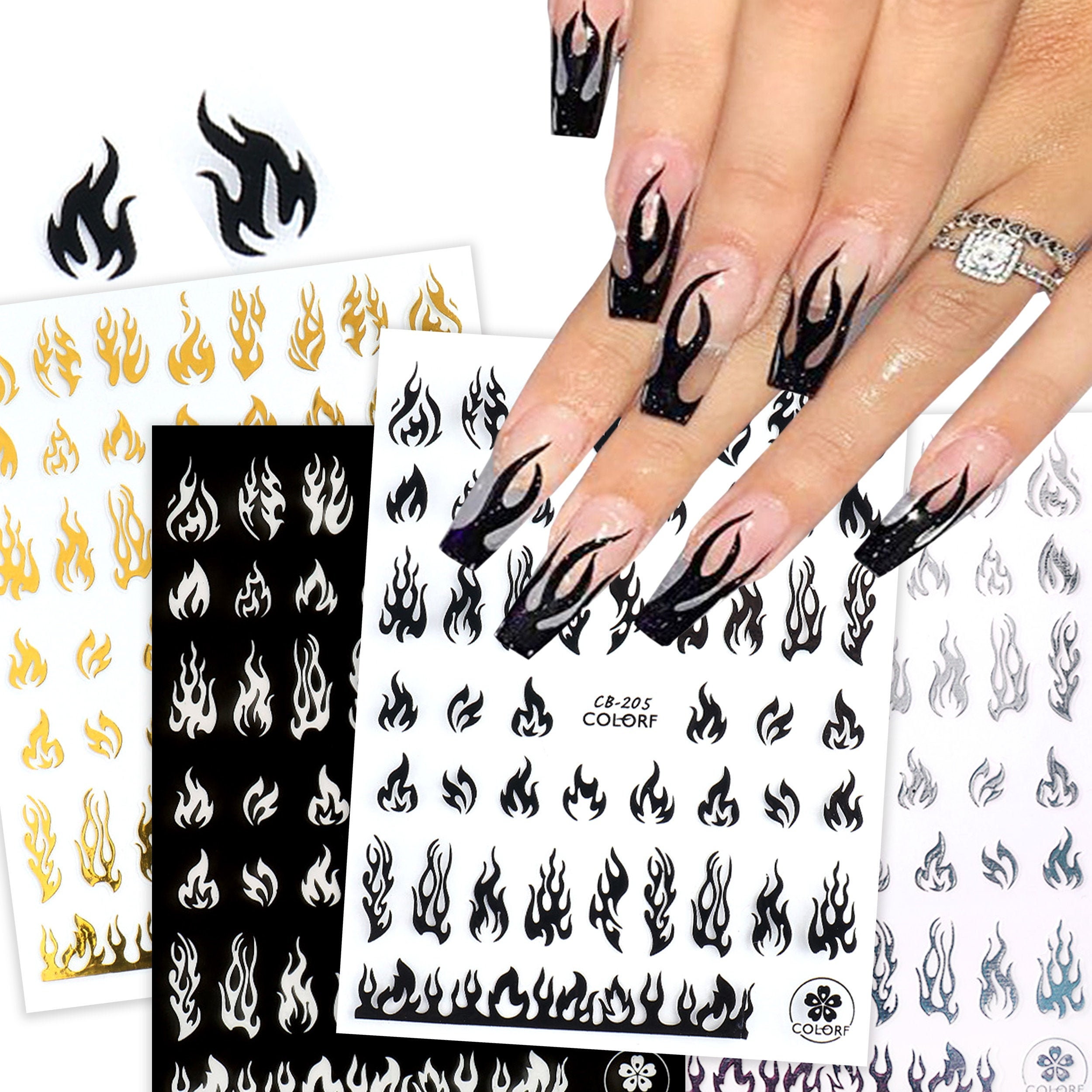  Nail Art Adhesive Stickers, 3D Laser Holographic Flame Nail Art  Supplies Nail Decals 8 Sheets Flame Nail Art Stickers Designer Stickers  Flame for Acrylic Nails Design Nail Art Decorations : Beauty